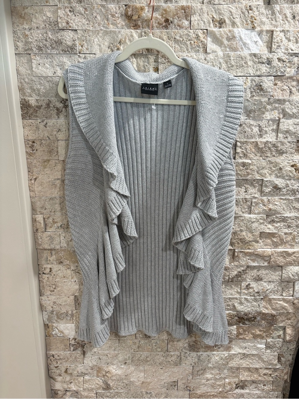 Gray Ruffled Open-Front Sweater Vest - Women size L 100% cotton